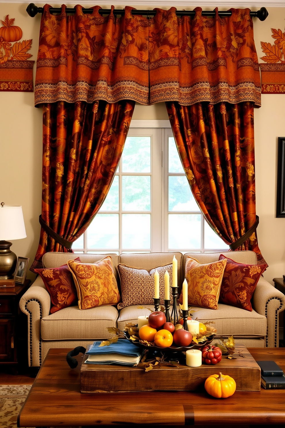 Thanksgiving themed fabric for curtains features warm autumn colors such as deep oranges, rich browns, and golden yellows. The fabric is adorned with intricate patterns of pumpkins, leaves, and acorns, bringing a festive touch to the living room. Thanksgiving living room decorating ideas include a cozy arrangement of plush cushions in seasonal hues on a neutral sofa. A rustic coffee table is decorated with a centerpiece of seasonal fruits and candles, creating an inviting atmosphere for gatherings.