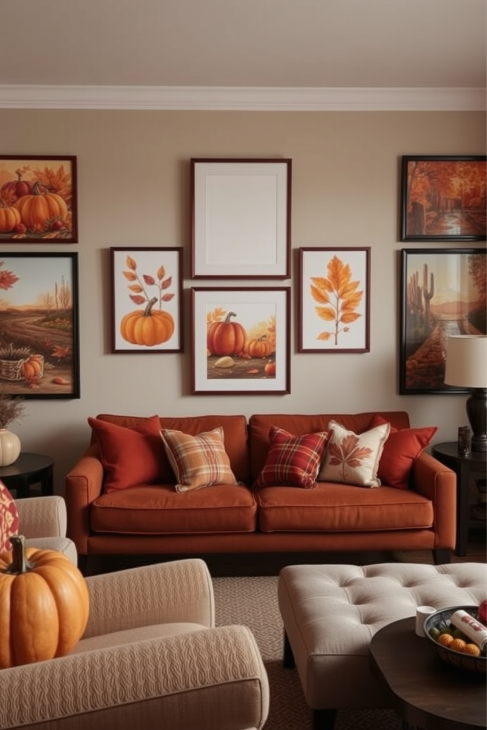 Autumn-themed wall art featuring warm hues of orange, red, and gold creates a cozy atmosphere in the living room. A collection of framed prints showcasing pumpkins, falling leaves, and harvest scenes adorns the walls, inviting the spirit of Thanksgiving into the space.