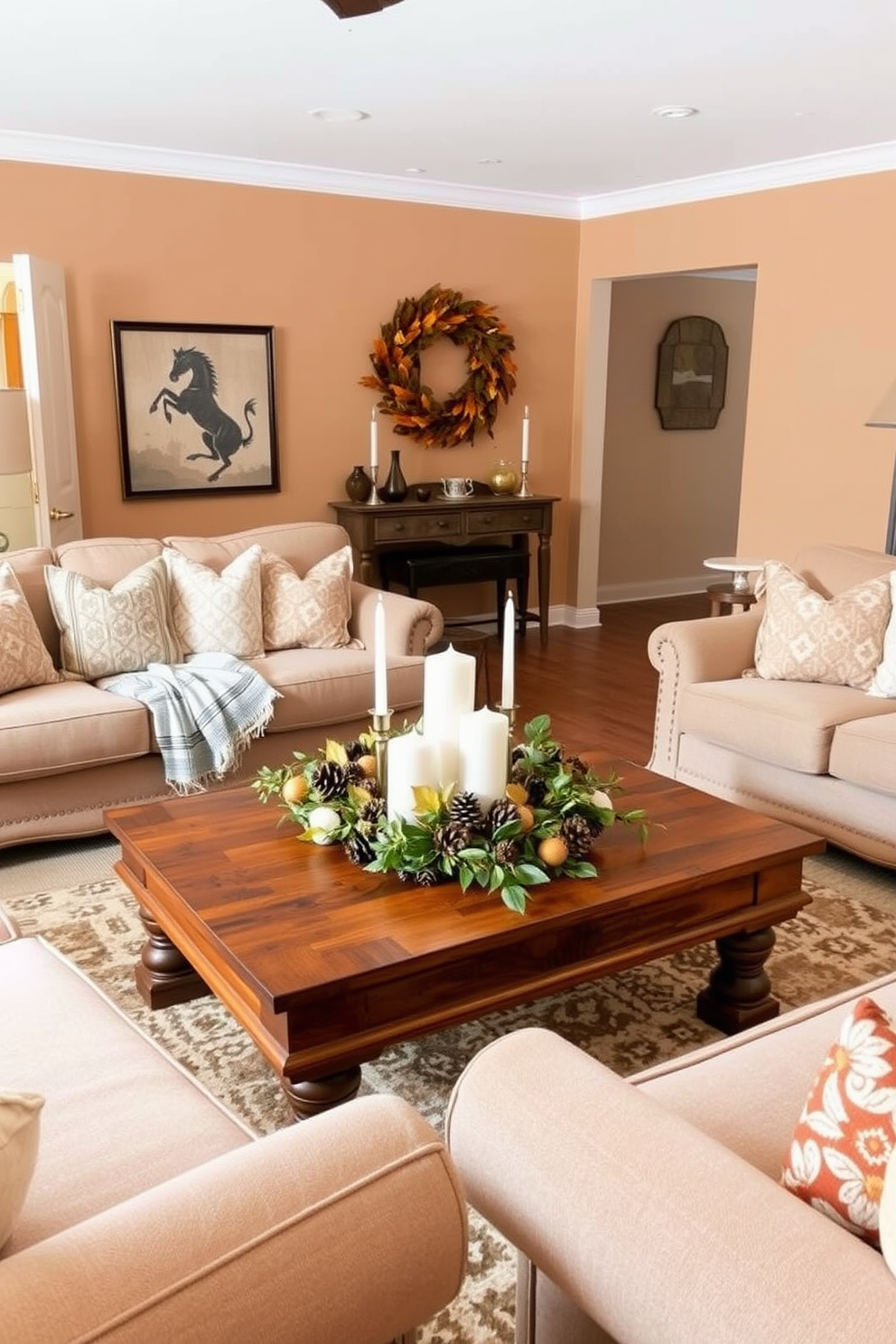 A cozy Thanksgiving living room setting filled with natural elements. A large wooden coffee table is adorned with pine cones, seasonal leaves, and a centerpiece of candles in various heights. The walls are painted in warm earth tones, creating an inviting atmosphere. Plush sofas in neutral fabrics are arranged around the coffee table, with soft throw blankets and pillows for added comfort.