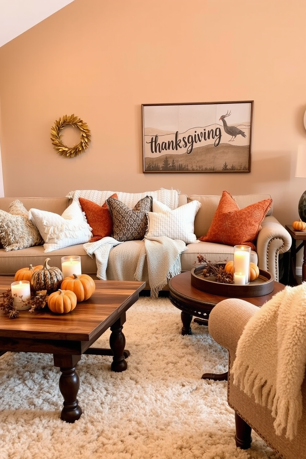 A cozy Thanksgiving living room featuring layered textures that create a warm and inviting atmosphere. Plush pillows in autumnal colors are scattered across a comfortable sofa, while a soft area rug anchors the space and adds depth. Natural elements are incorporated with a wooden coffee table adorned with seasonal decorations like pumpkins and candles. The walls are painted in a warm beige tone, complementing the rich hues of the decor and enhancing the overall ambiance.