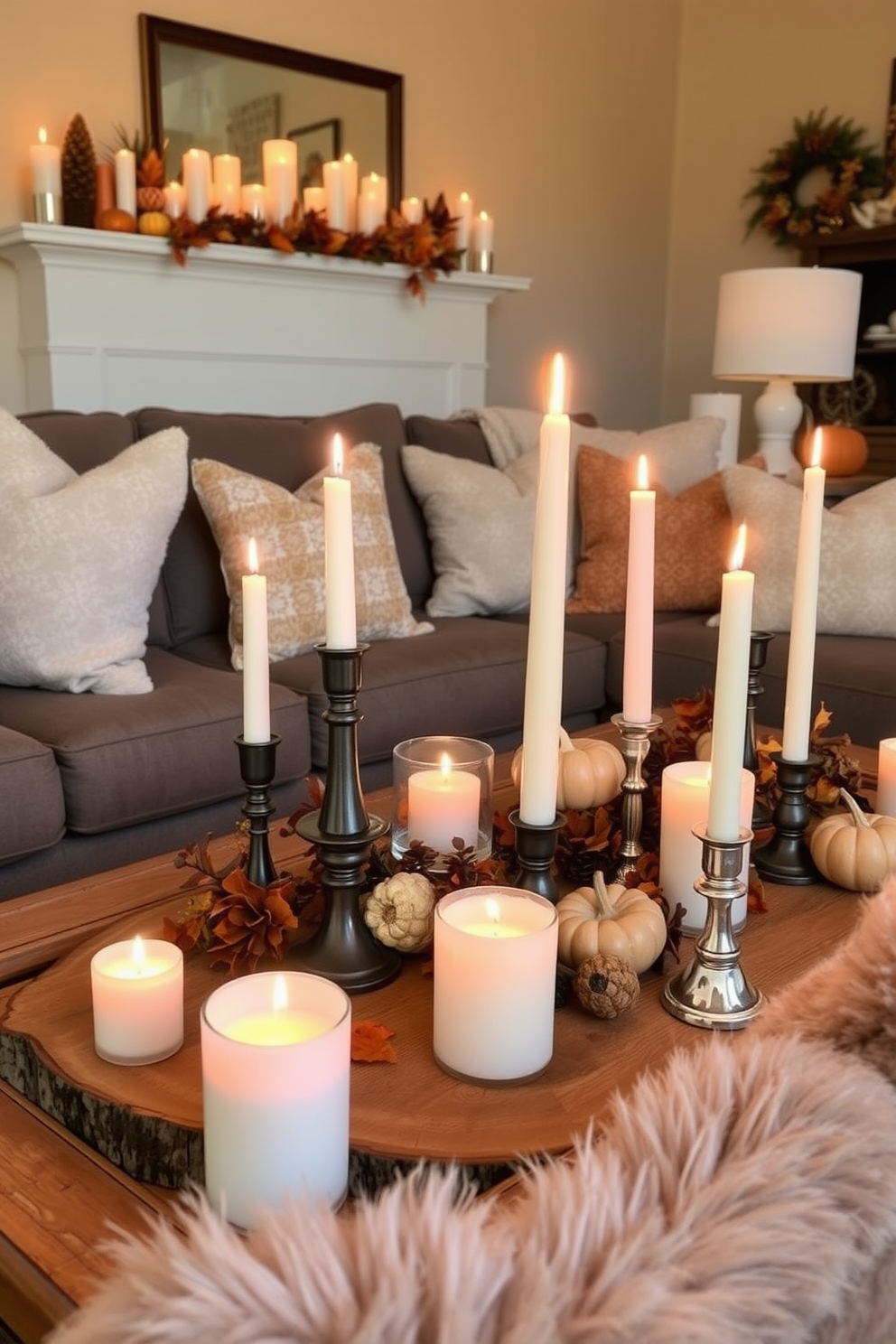 A cozy Thanksgiving living room setting adorned with candles of varied heights to create a warm ambiance. The candles are placed on a rustic wooden coffee table surrounded by plush seating, with autumn-themed decorations enhancing the festive atmosphere.