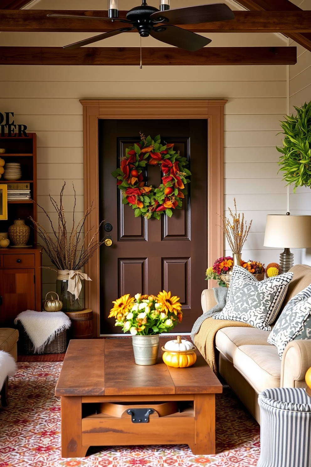 A warm and inviting living room adorned with a seasonal wreath on the front door. The space features a cozy sofa with plush cushions, a rustic coffee table, and autumn-themed decor scattered throughout.