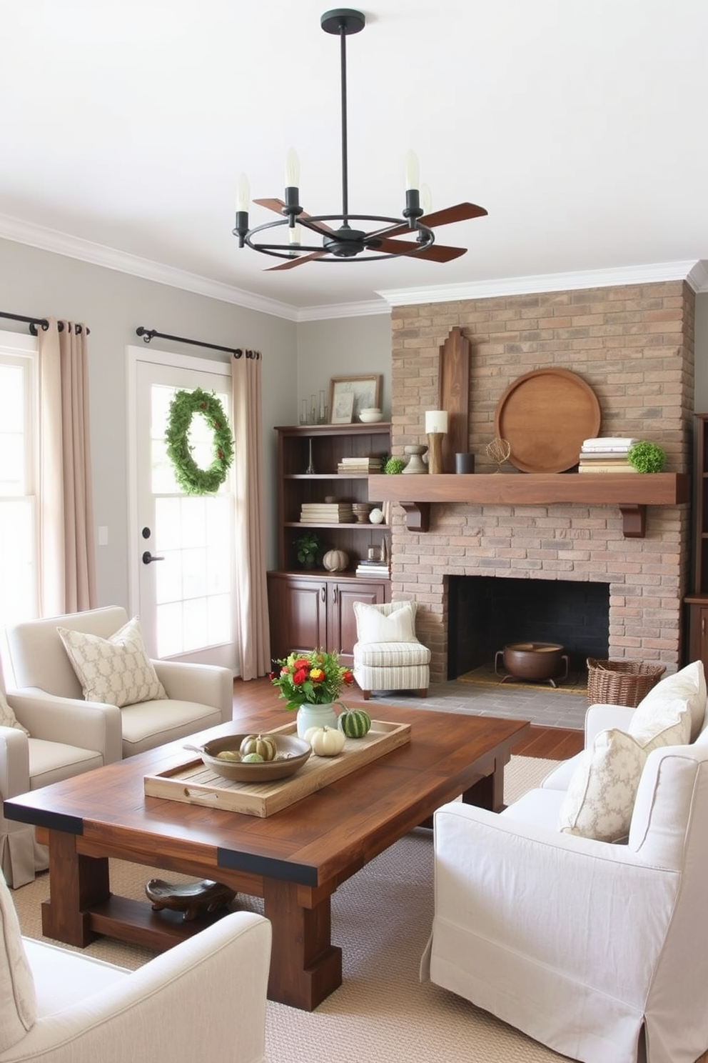 A cozy farmhouse living room adorned with rustic wooden decor pieces. A large reclaimed wood coffee table is surrounded by comfortable upholstered chairs in neutral tones, creating an inviting space for family gatherings during Thanksgiving.