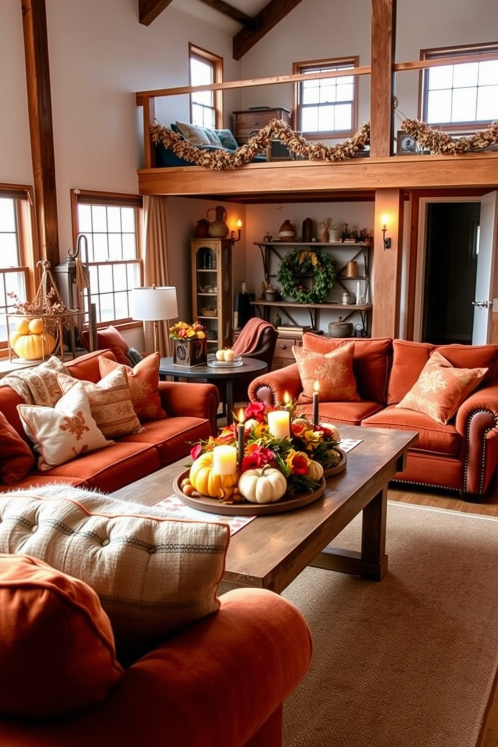 A warm and inviting loft space adorned with autumn colors creates a cozy ambiance perfect for Thanksgiving. Plush seating in rich oranges and deep browns is complemented by soft throw blankets and decorative pillows featuring seasonal patterns. Natural wood accents and a rustic dining table set the stage for a festive gathering. Flickering candlelight and a centerpiece of pumpkins and fall foliage enhance the inviting atmosphere, making it a perfect setting for family and friends.