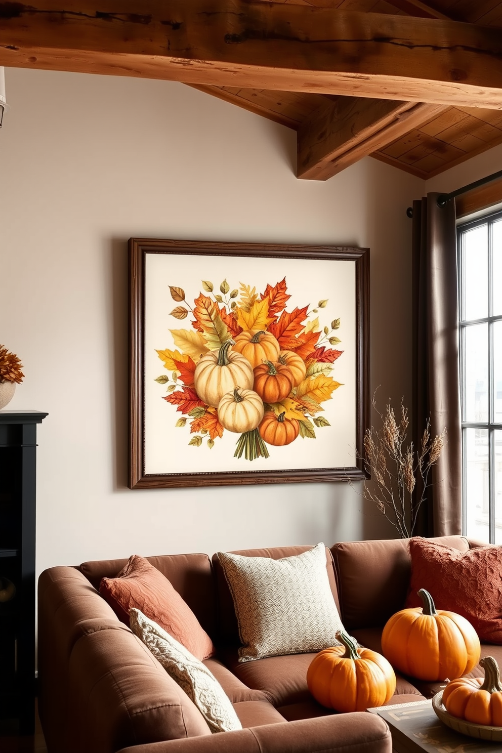 Harvest themed wall art featuring a collection of autumn leaves and pumpkins arranged in an elegant display. The artwork is framed in rustic wood to complement the cozy loft atmosphere while adding seasonal flair for Thanksgiving.