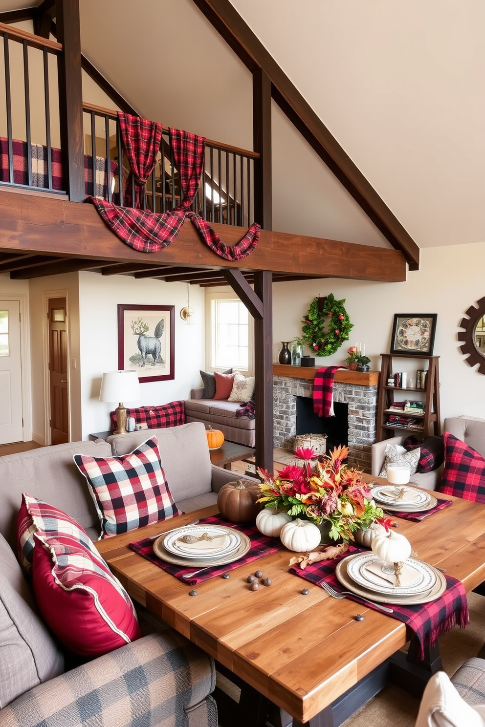 A cozy loft space adorned with plaid accents creates a warm and inviting atmosphere for Thanksgiving. The furniture features a mix of rustic wooden pieces and plush seating, complemented by plaid throw pillows and blankets for added texture. The walls are painted in a soft cream color, allowing the plaid patterns to stand out beautifully. A large dining table is set with seasonal decorations, including pumpkins and autumn leaves, enhancing the festive spirit of the space.