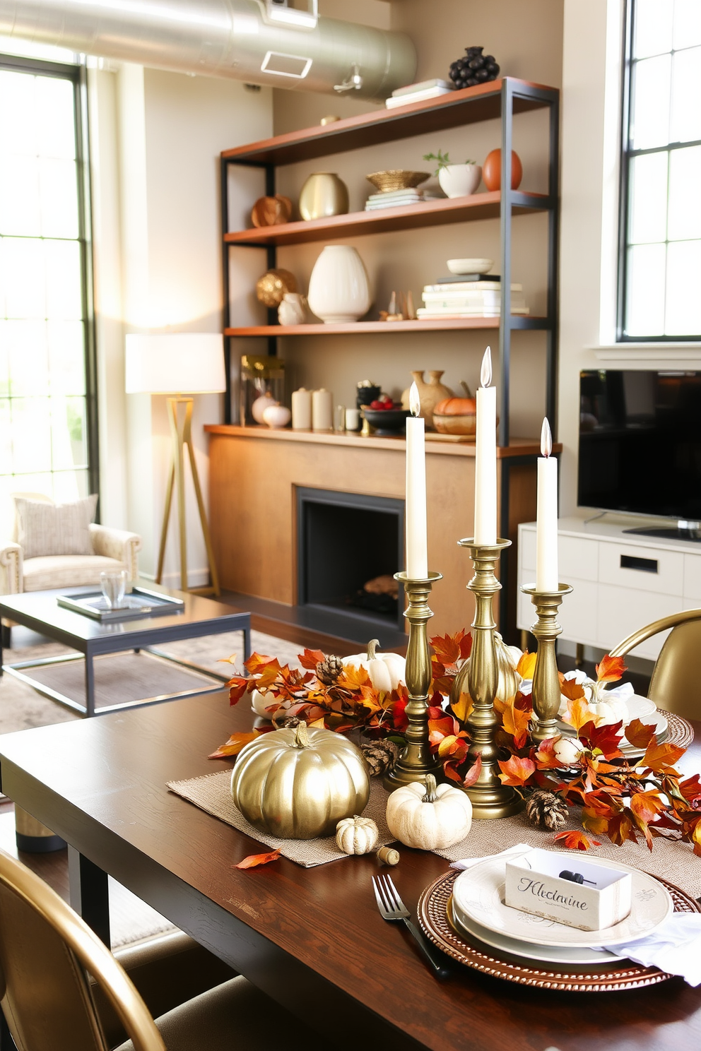 Chic metallic accents elevate the modern vibe of the loft, creating a stylish and inviting atmosphere. Sleek metallic furniture pieces, such as a coffee table and side chairs, complement the warm tones of the decor while adding a touch of sophistication. Thanksgiving decorations in the loft feature a blend of rustic and contemporary elements. A beautifully set dining table showcases metallic candle holders and elegant tableware, surrounded by seasonal touches like pumpkins and autumn leaves.