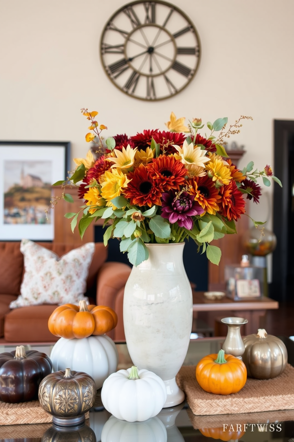 Create a cozy loft space decorated for Thanksgiving with seasonal florals arranged in unique vases. The warm colors of autumn are highlighted by plush textures and inviting decor that reflects the spirit of the holiday.