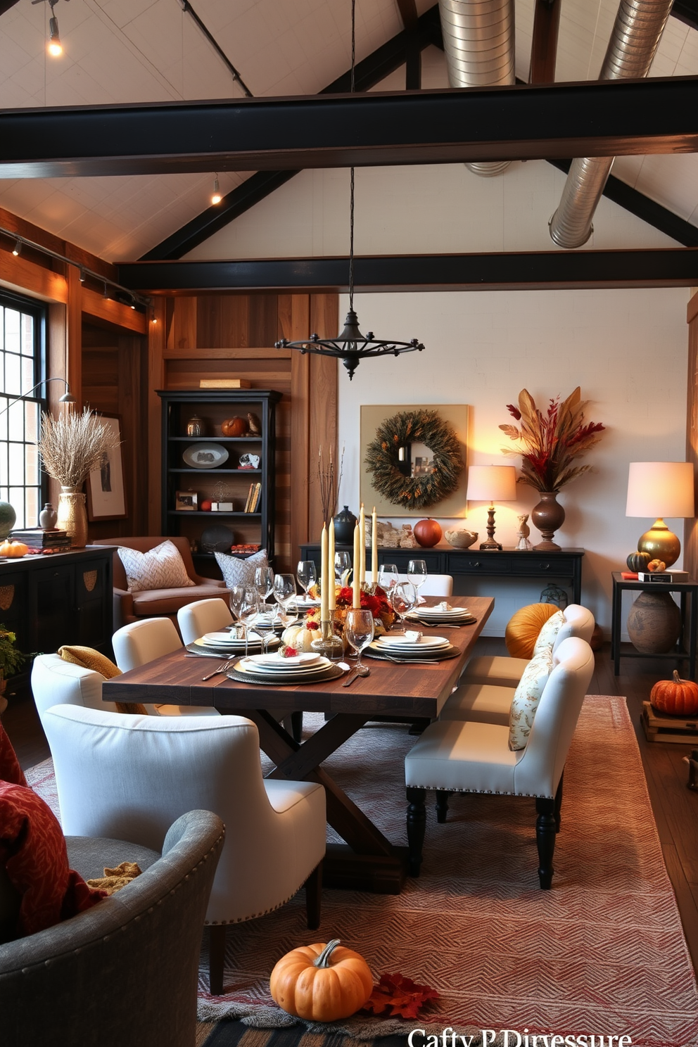 A cozy loft space designed for Thanksgiving celebrations. The room features a mix of reclaimed wood and sleek metal accents, with a large dining table set for a festive meal. Soft, warm lighting creates an inviting atmosphere, while a combination of plush textiles and rustic decor enhances the curated look. Seasonal decorations like pumpkins and autumn leaves are artfully arranged throughout the space.