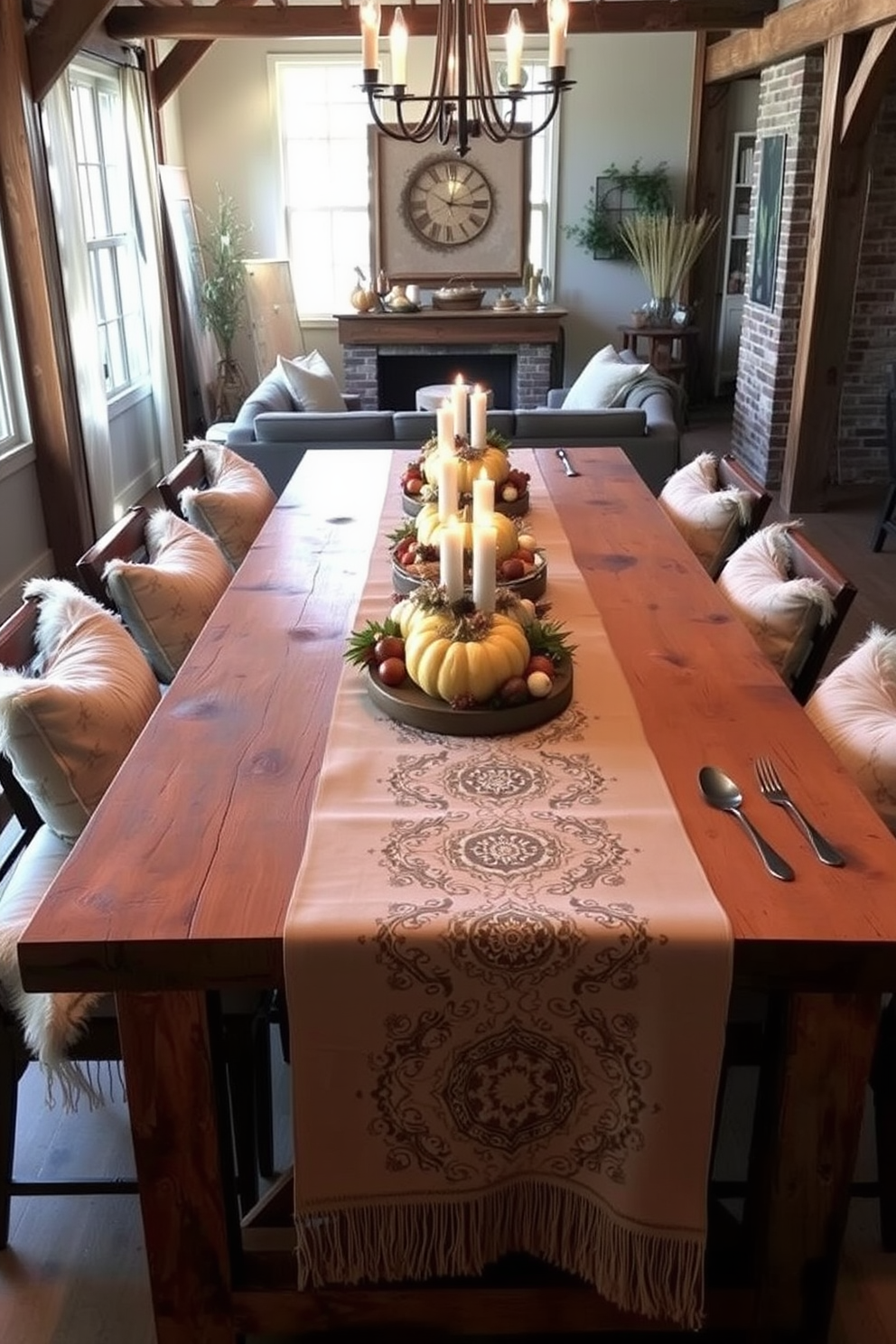 Elegant table runners drape gracefully across a long wooden dining table set for Thanksgiving. The runners feature intricate patterns in warm autumn hues, complemented by seasonal centerpieces of pumpkins and candles. In a cozy loft setting, the dining area is enhanced with soft lighting and plush seating. The overall decor combines rustic elements with modern accents, creating an inviting atmosphere for gatherings.