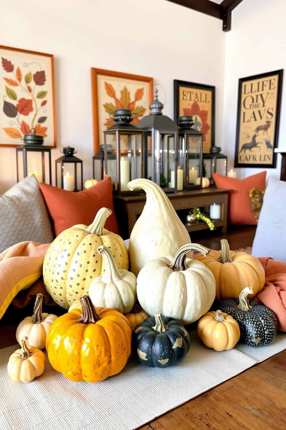 Decorative gourds in various shapes and sizes are arranged on a rustic wooden table, adding a touch of whimsy to the Thanksgiving decor. Surrounding the gourds, soft, textured fabrics in warm autumn colors create a cozy and inviting atmosphere. In the background, a collection of vintage-style lanterns casts a gentle glow, enhancing the festive mood of the loft. The walls are adorned with seasonal art, featuring fall leaves and harvest themes, tying the whole space together beautifully.