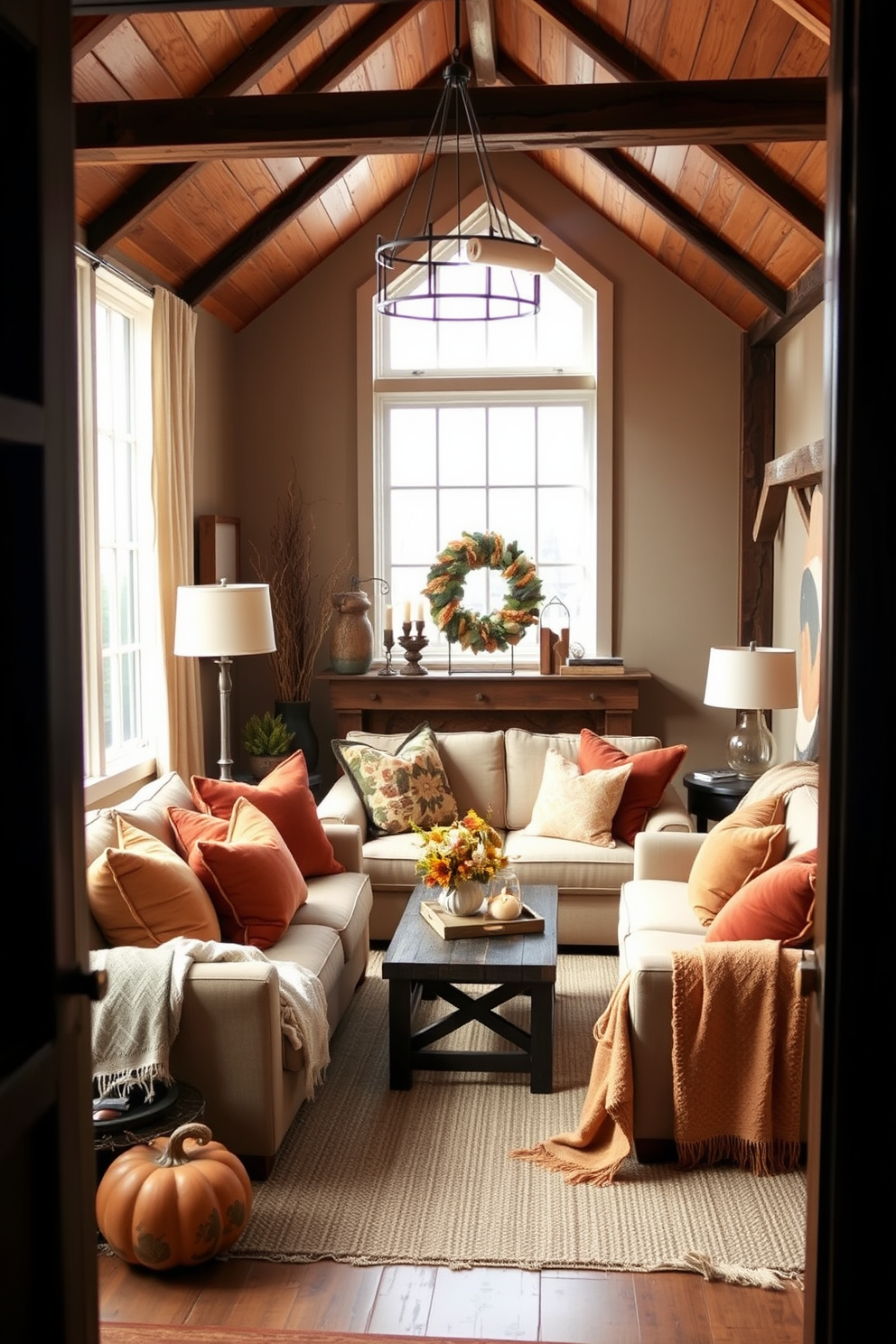 A cozy loft space adorned with comfortable seating featuring oversized cushions in warm autumn hues. The area is enhanced by rustic wooden accents and soft throws, creating an inviting atmosphere perfect for Thanksgiving gatherings.