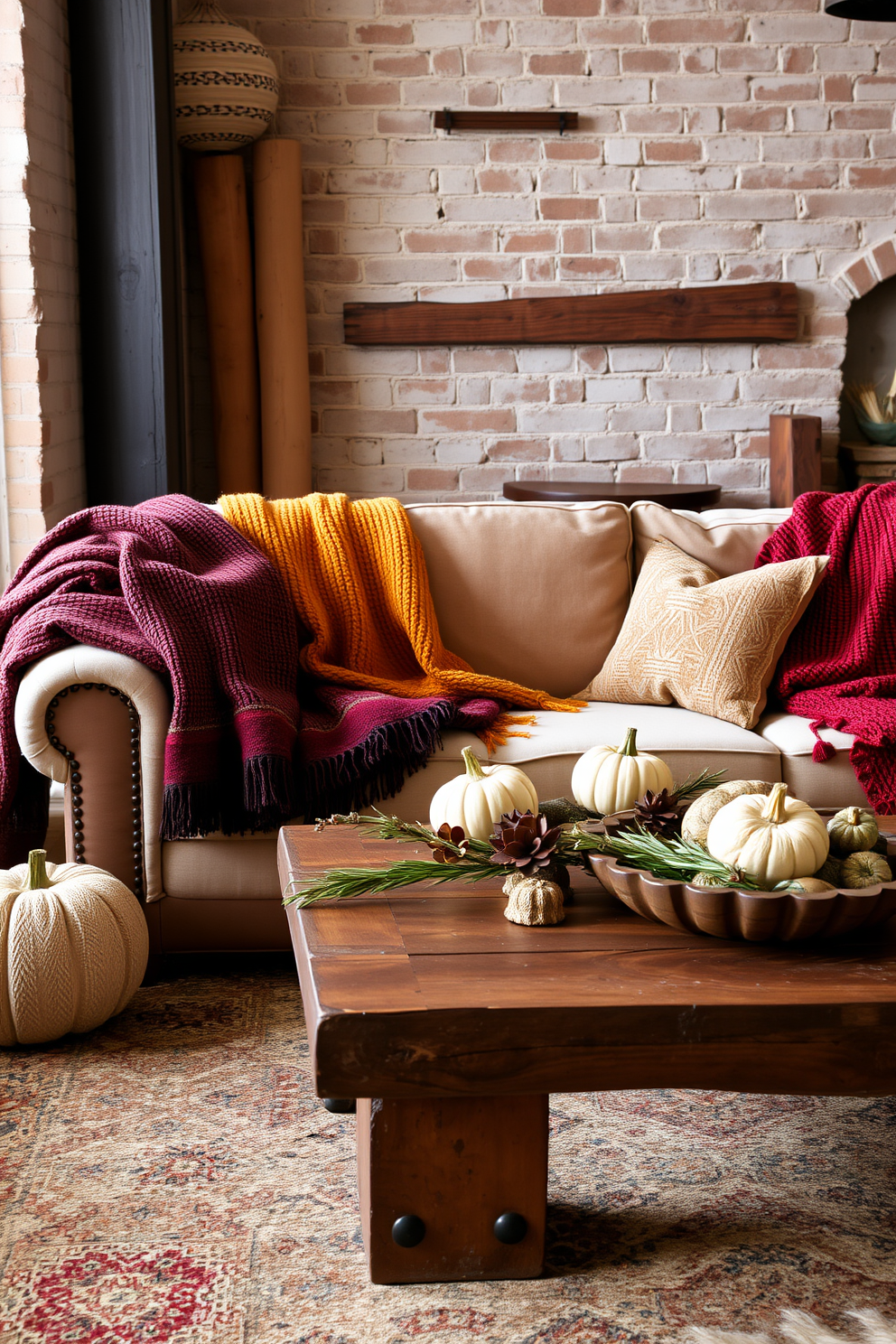 Layered textures create a cozy and inviting atmosphere in a loft setting. Soft throws in warm colors are draped over a plush sofa, adding comfort and style to the space. Natural wood accents complement the rich textiles, enhancing the overall warmth of the decor. A rustic coffee table adorned with seasonal decorations completes the Thanksgiving theme, inviting gatherings and celebrations.