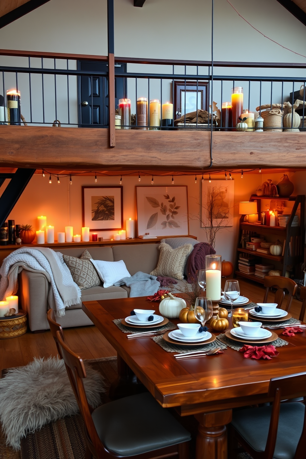 A cozy loft space adorned with scented candles of various heights and colors scattered throughout the room. The warm glow from the candles creates an inviting atmosphere, complemented by soft throw blankets and plush cushions on a stylish sofa. For Thanksgiving, the loft is decorated with autumn-themed accents such as pumpkins and rich, earthy tones. A rustic wooden dining table is set with elegant dinnerware, surrounded by comfortable chairs, inviting family and friends to gather and celebrate.