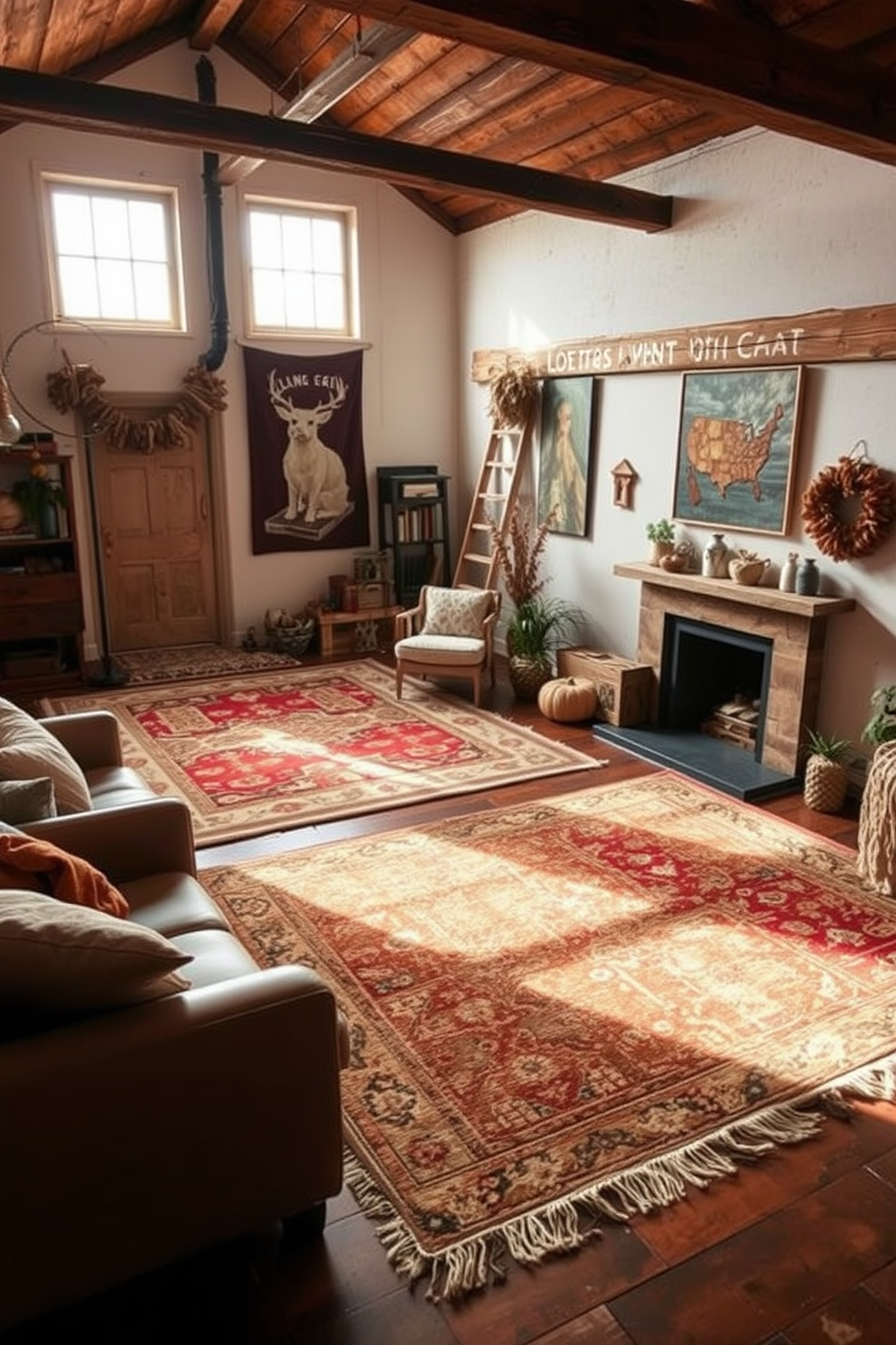 A cozy loft space adorned with layered rugs that provide warmth underfoot. The rugs feature a mix of textures and patterns, creating an inviting atmosphere perfect for Thanksgiving gatherings.