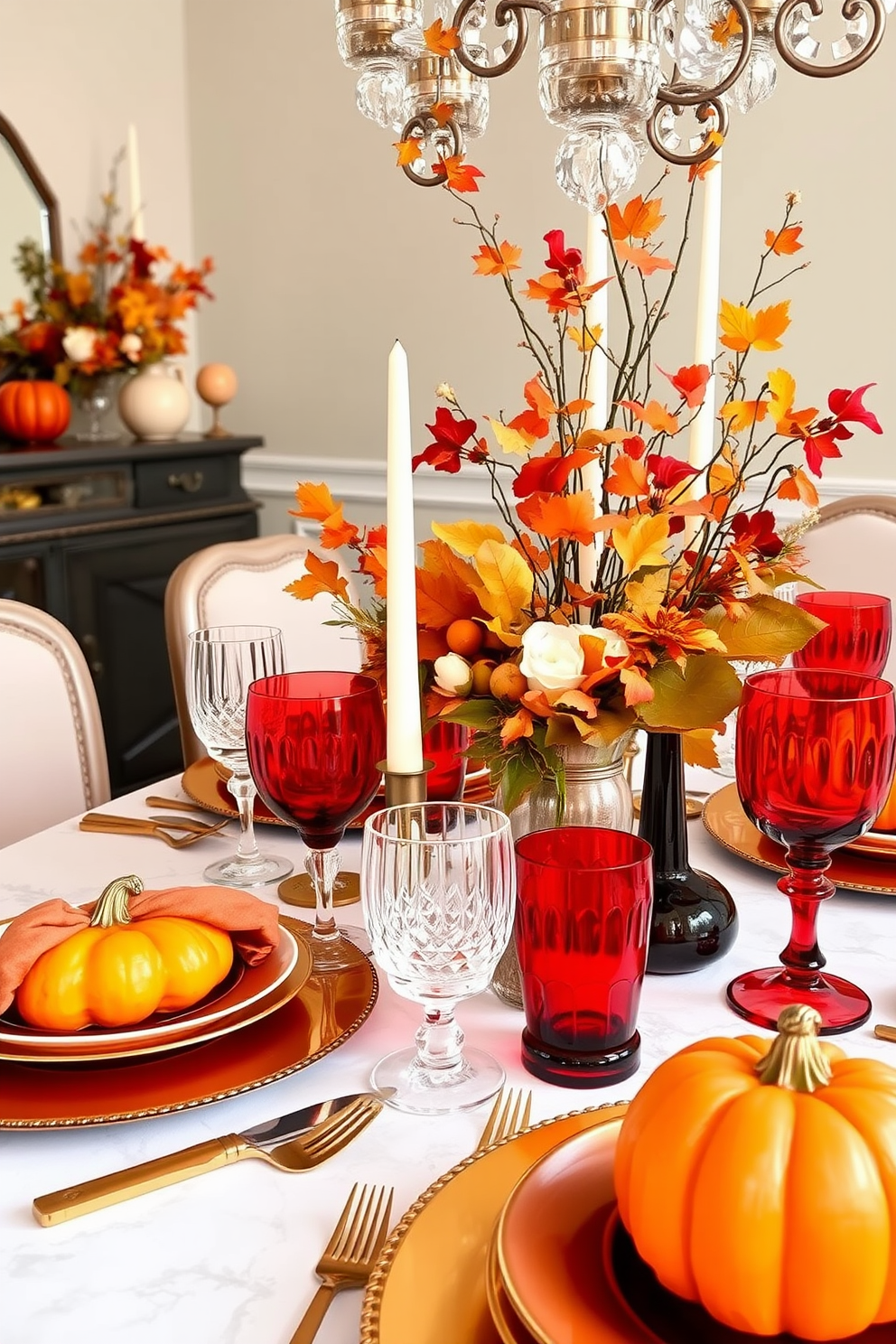 A stunning display of glassware in rich fall colors creates an elegant atmosphere for Thanksgiving. The table is adorned with deep oranges, rustic reds, and golden yellows, reflecting the beauty of the season.