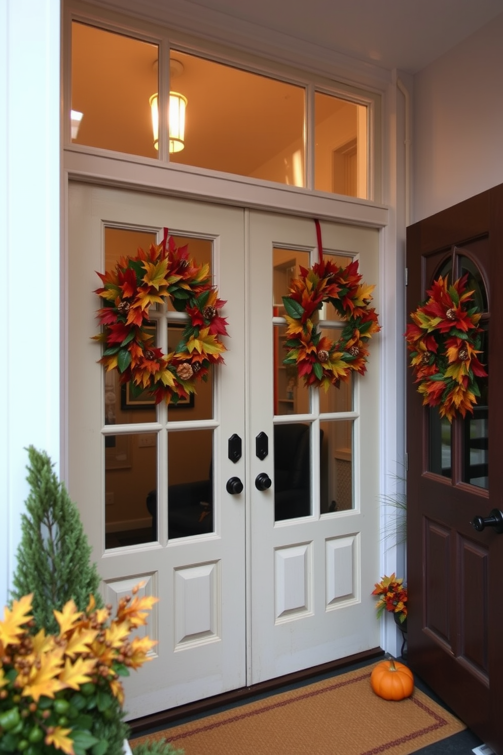 A warm and inviting loft entrance adorned with seasonal wreaths on the doors welcomes guests for Thanksgiving. The wreaths are made of vibrant autumn leaves, pinecones, and small pumpkins, creating a festive atmosphere that complements the cozy loft decor.