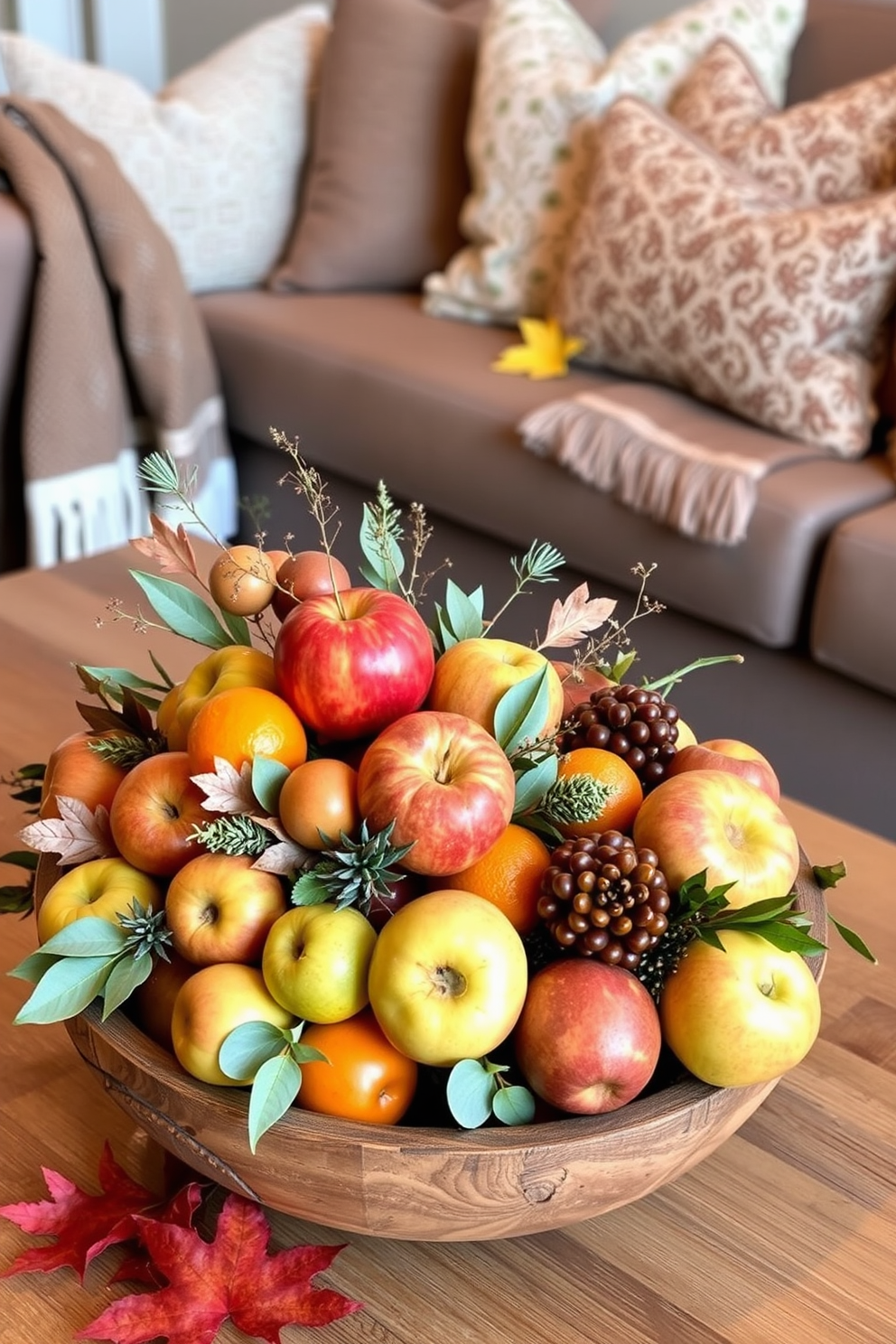 Artful fruit displays as centerpieces featuring a variety of seasonal fruits arranged in a large rustic wooden bowl. The display includes vibrant apples, pears, and oranges, accented with sprigs of greenery and autumn leaves for a festive touch. Thanksgiving loft decorating ideas that embrace a warm and inviting atmosphere with layered textures and rich colors. Incorporate plush throw blankets, decorative pillows, and soft lighting to create a cozy gathering space perfect for celebrating the holiday.