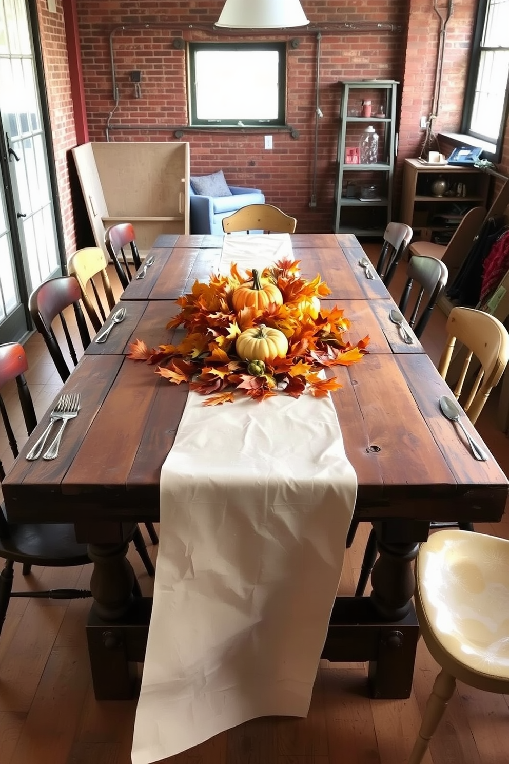 Craft paper tablecloths adorn a long rustic dining table set in a cozy loft space. The table is surrounded by mismatched vintage chairs, and a centerpiece of autumn leaves and small pumpkins adds a festive touch.