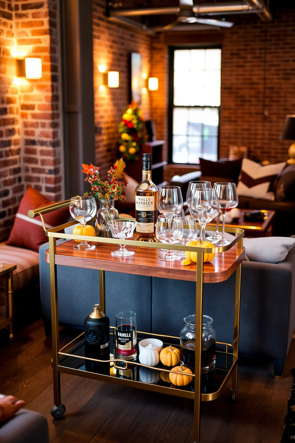 A stylish bar cart is set up for holiday drinks with a sleek gold frame and a polished wood top. It is adorned with an array of festive glassware, a bottle of fine whiskey, and seasonal decorations like small pumpkins and autumn leaves. The cart is positioned in a cozy loft space featuring exposed brick walls and warm lighting. Surrounding the cart are plush seating options, inviting guests to gather and enjoy the Thanksgiving festivities.