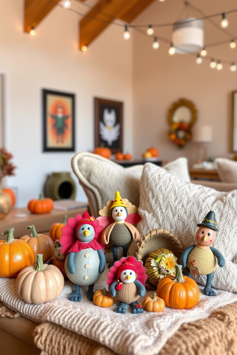 Quirky seasonal figurines are scattered throughout the loft, each showcasing a unique character that embodies the spirit of Thanksgiving. Colorful pumpkins, playful turkeys, and whimsical cornucopias create a festive atmosphere, adding charm and personality to the space. The loft features warm, earthy tones with cozy textiles that complement the figurines. Plush throw pillows and a soft blanket invite relaxation, while string lights twinkle overhead, enhancing the whimsical decor.