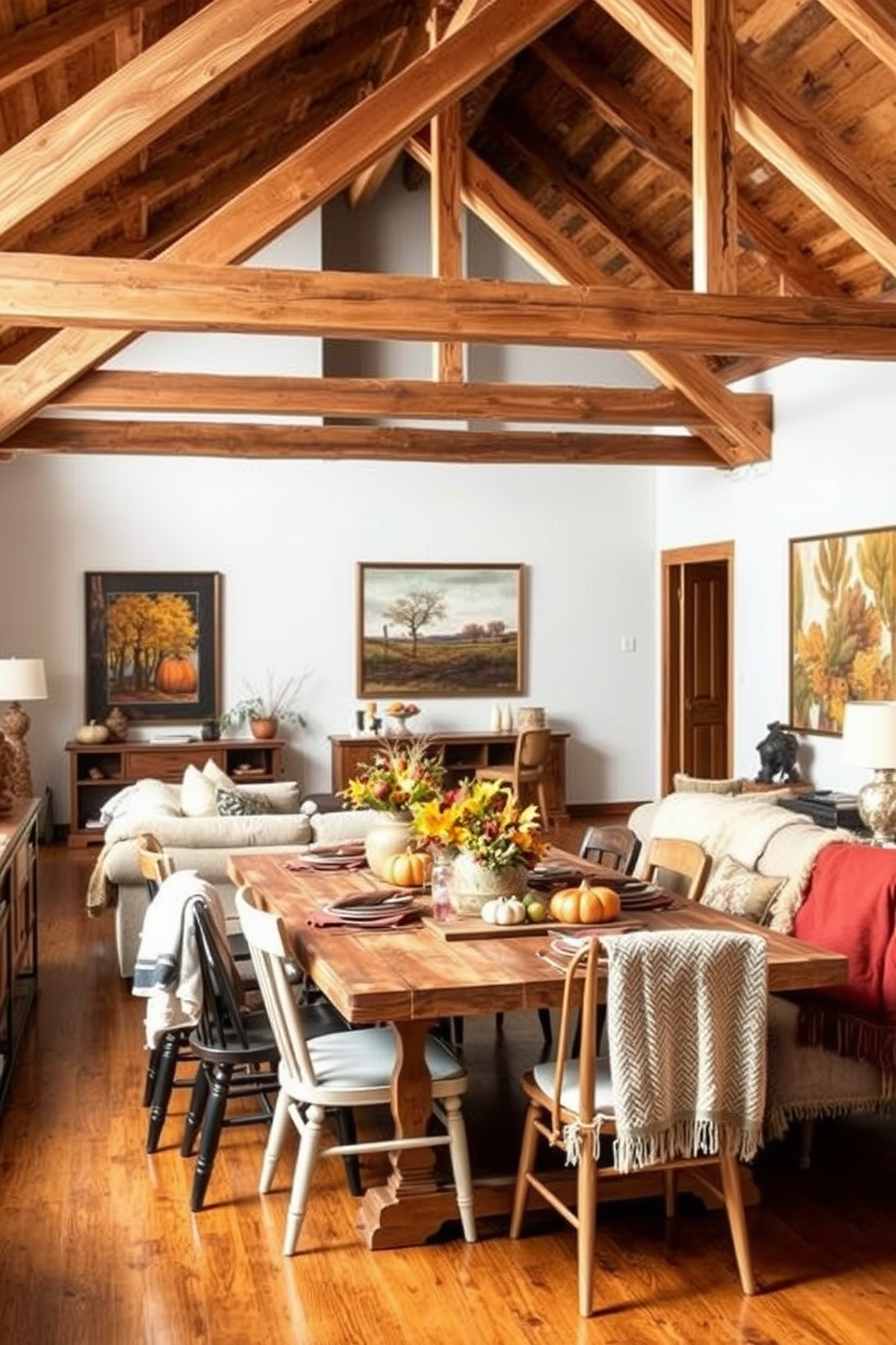 A cozy loft space with natural wood accents that enhance the rustic appeal. Exposed wooden beams frame the ceiling and a reclaimed wood dining table is surrounded by mismatched chairs, creating a warm and inviting atmosphere. Decorative elements include autumn-themed centerpieces and soft, textured throws draped over furniture. The walls are adorned with seasonal artwork that captures the essence of Thanksgiving, adding a festive touch to the overall design.