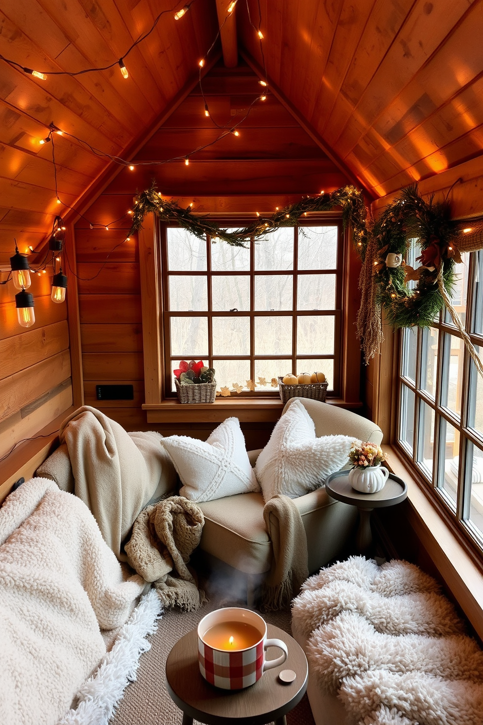 Cozy nooks filled with soft blankets and plush pillows create an inviting space perfect for relaxation. The area features a comfortable armchair placed beside a large window, adorned with seasonal decorations that evoke the warmth of Thanksgiving. Strings of twinkling fairy lights hang above, casting a warm glow across the room. A small side table holds a steaming cup of cider, adding to the cozy ambiance of the loft.