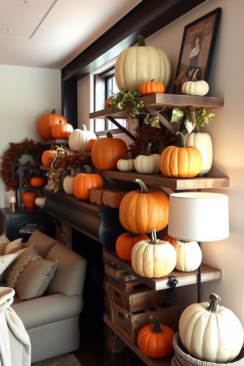 Create a warm and inviting loft space adorned with various pumpkin arrangements that capture the essence of the Thanksgiving season. The pumpkins should be artfully displayed on rustic wooden shelves, complemented by soft, ambient lighting and cozy textiles to enhance the festive atmosphere.