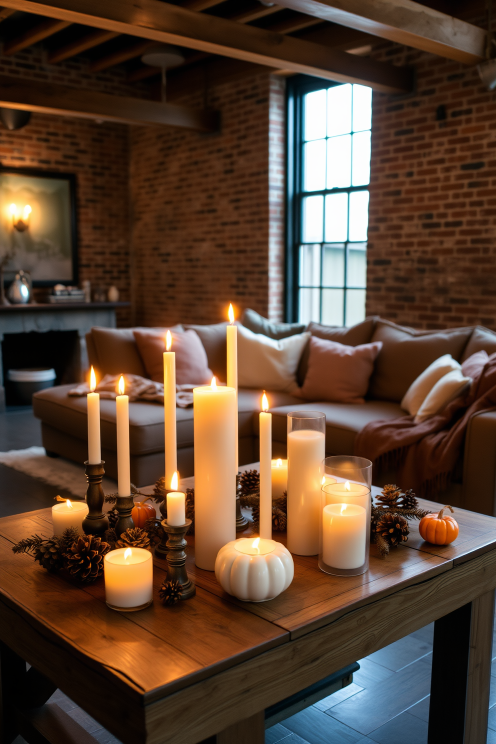 Candles of varied heights are arranged on a rustic wooden table, creating a warm and inviting atmosphere. Surrounding the candles are seasonal decorations like pinecones and small pumpkins, enhancing the Thanksgiving theme. Soft, ambient lighting illuminates the loft space, highlighting the exposed brick walls and wooden beams. Cozy throws and plush cushions are scattered across a large sectional sofa, inviting guests to relax and enjoy the festive setting.