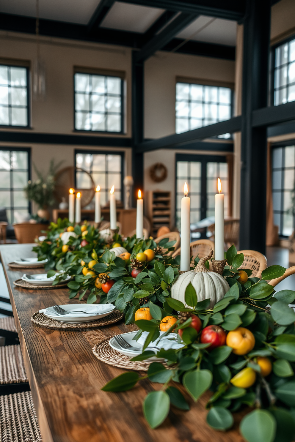 A nature-inspired table setting for Thanksgiving featuring an elegant wooden table adorned with an array of vibrant green leaves and seasonal fruits. Soft candlelight flickers in the background, creating a warm and inviting atmosphere for guests to gather and celebrate. Loft decorating ideas that embrace an open and airy feel with large windows allowing natural light to flood the space. Incorporate earthy tones and textures, such as woven baskets and wooden accents, to enhance the cozy yet modern aesthetic.