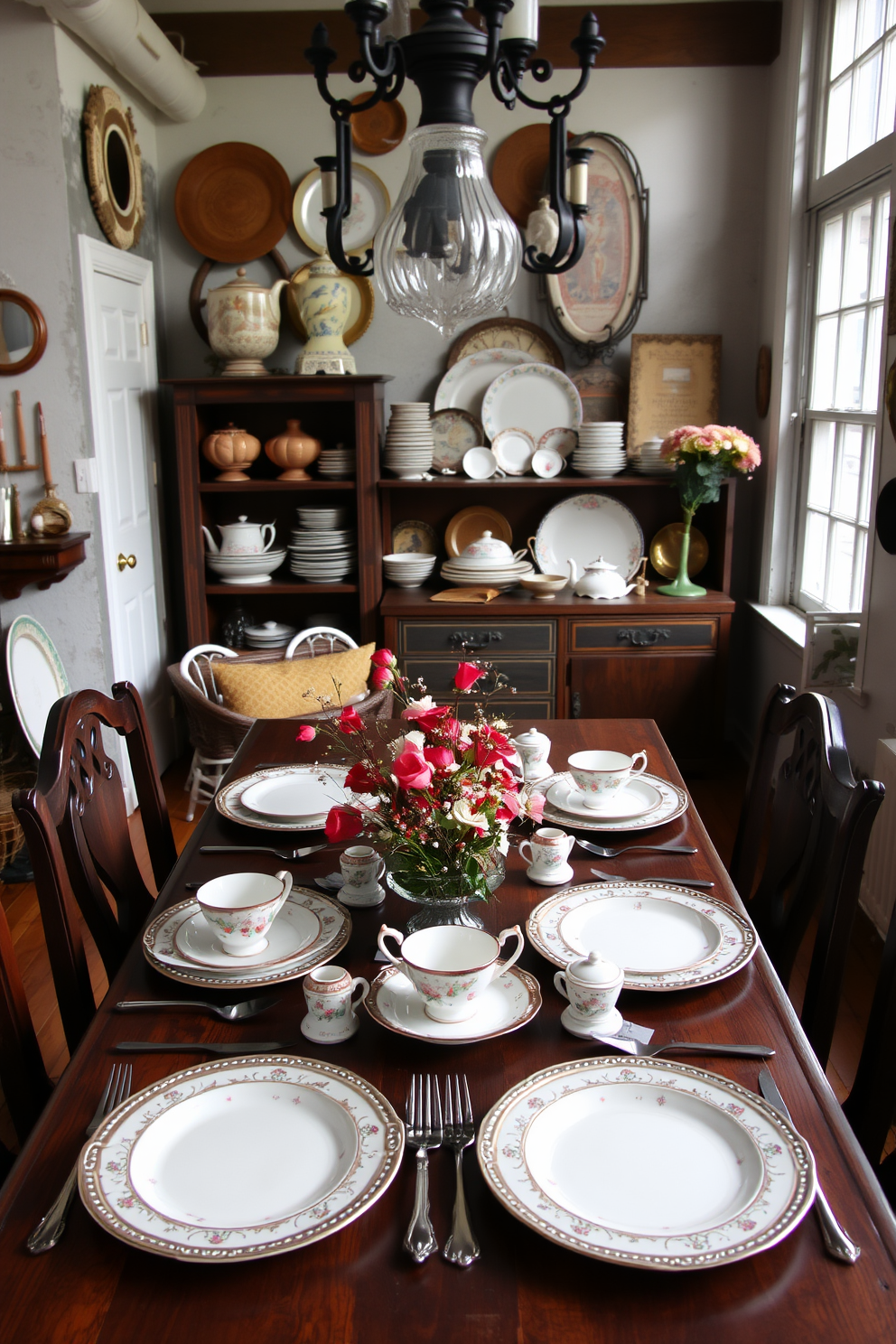 A cozy loft space adorned with vintage dishware that evokes a sense of nostalgia. The dining table is set with mismatched plates, delicate teacups, and ornate silverware, creating a charming and inviting atmosphere for Thanksgiving.