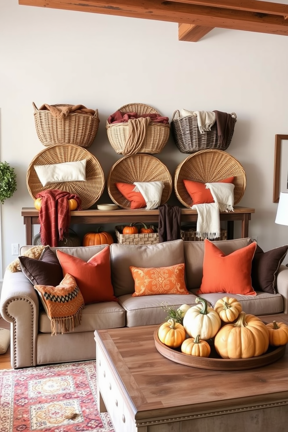 Woven baskets are arranged on a rustic wooden shelf, adding warmth and texture to the space. They are filled with cozy blankets and seasonal decor, creating an inviting atmosphere for Thanksgiving gatherings. The loft features a blend of autumn colors, with rich oranges and deep browns adorning the cushions and throws. A large centerpiece made of pumpkins and gourds sits on the coffee table, enhancing the festive feel of the room.