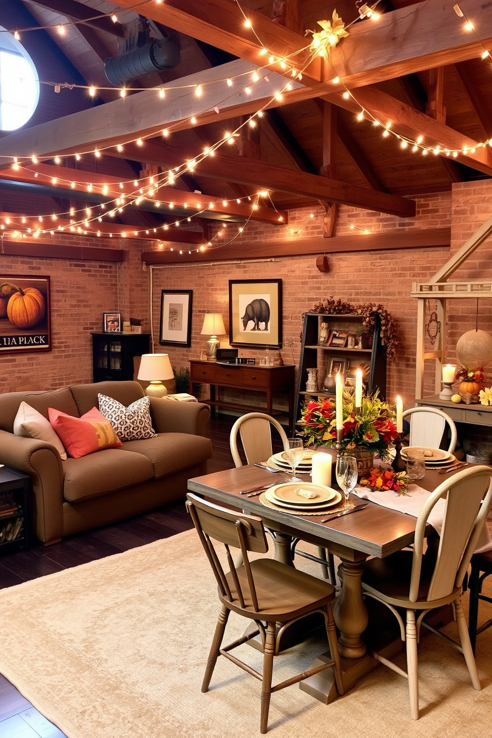 A cozy loft space adorned with string lights draped across exposed beams, creating a warm and inviting atmosphere. The walls are decorated with autumn-themed artwork, and a plush, oversized sofa is piled high with colorful throw pillows. A rustic wooden dining table is set for a Thanksgiving feast, with a centerpiece of seasonal flowers and candles. Surrounding the table are mismatched chairs that add character, while a soft area rug anchors the space.