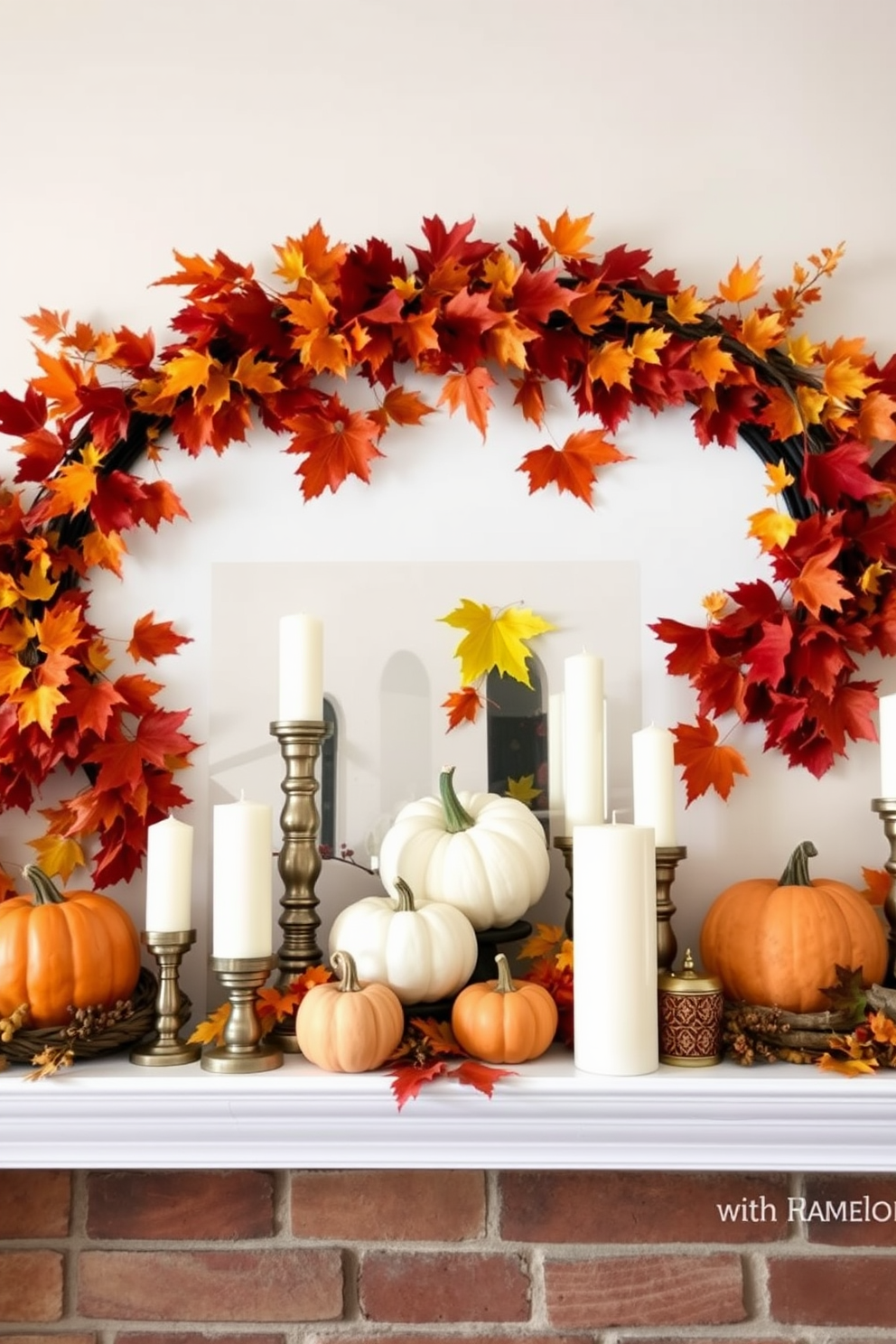 A warm and inviting Thanksgiving mantel decorated with an arrangement of vibrant autumn leaves and a variety of pumpkins. The mantel is adorned with soft white candles and rustic wooden accents to enhance the seasonal charm.