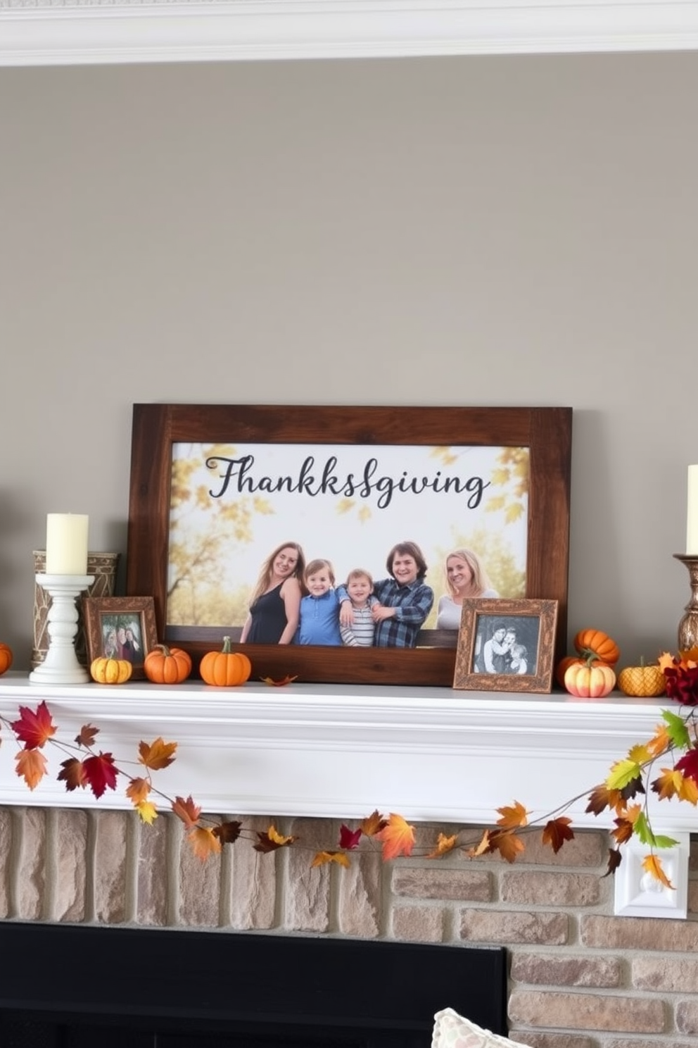 A warm and inviting mantel decorated for Thanksgiving features family photos displayed in rustic autumn frames. The mantel is adorned with seasonal accents such as small pumpkins, colorful leaves, and candles that create a cozy atmosphere.