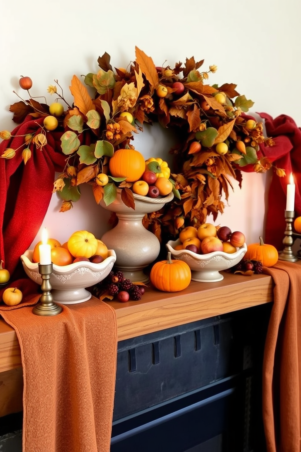 A cozy Thanksgiving mantel adorned with seasonal fruits in decorative bowls. The warm colors of the fruits complement the rustic charm of the wooden mantel, creating a festive and inviting atmosphere. Richly textured fabrics drape elegantly around the mantel, enhancing the seasonal theme. Soft candlelight flickers nearby, casting a warm glow over the festive arrangement.