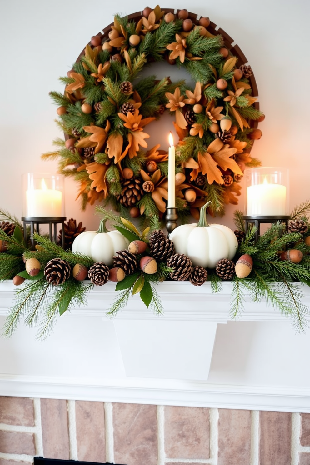 A cozy Thanksgiving mantel adorned with pinecones and acorns. The natural textures create a warm and inviting atmosphere, complemented by soft candlelight and seasonal foliage.