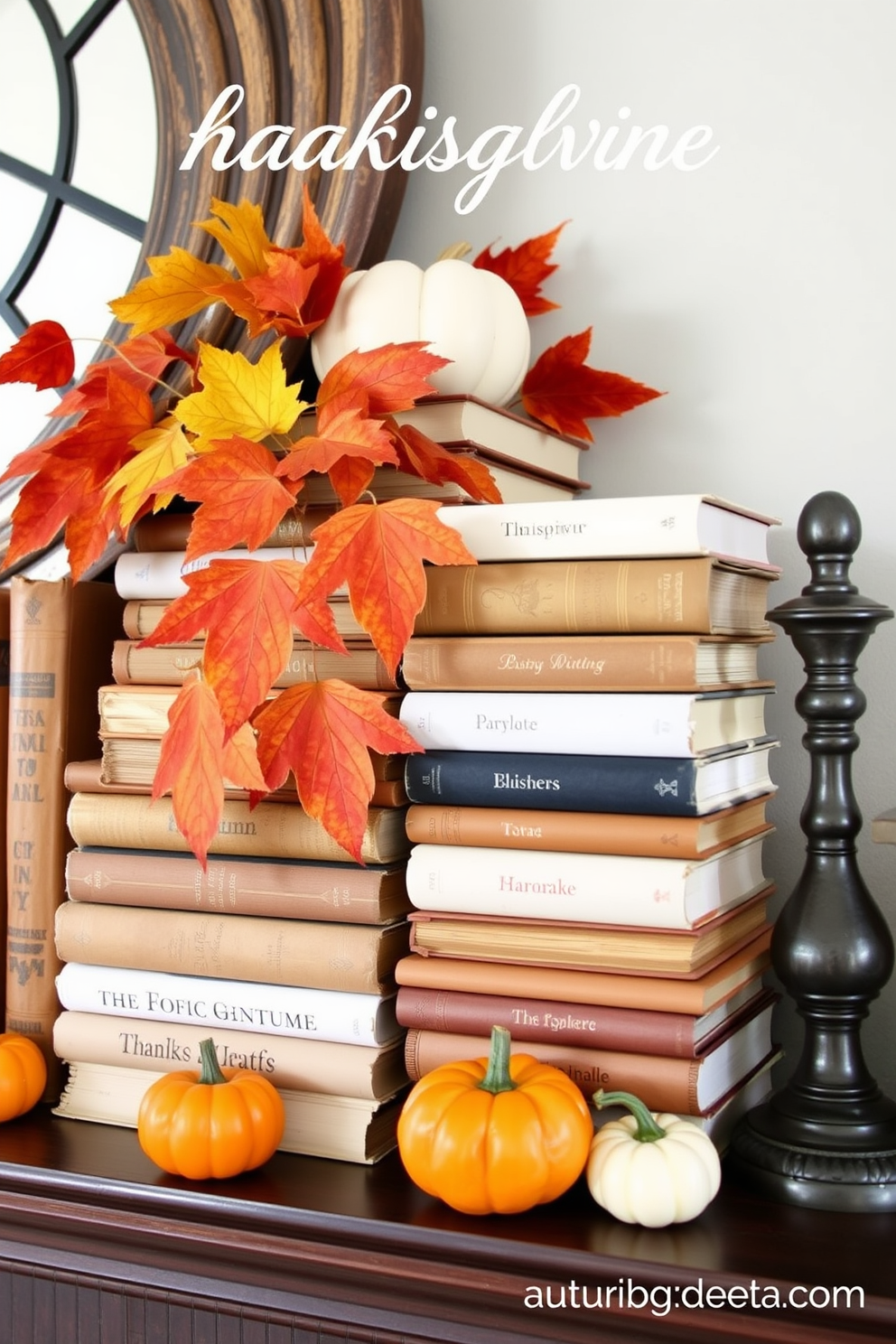 A charming Thanksgiving mantel decorated with stacked vintage books creating varying heights. The warm colors of autumn leaves and small pumpkins are interspersed among the books, adding a cozy and festive touch.