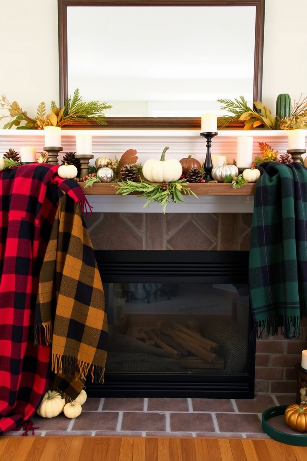 A warm and inviting Thanksgiving mantel adorned with plaid throw blankets in shades of deep red and forest green. The mantel features a variety of seasonal decorations, including small pumpkins, pinecones, and candles arranged artfully among the blankets.