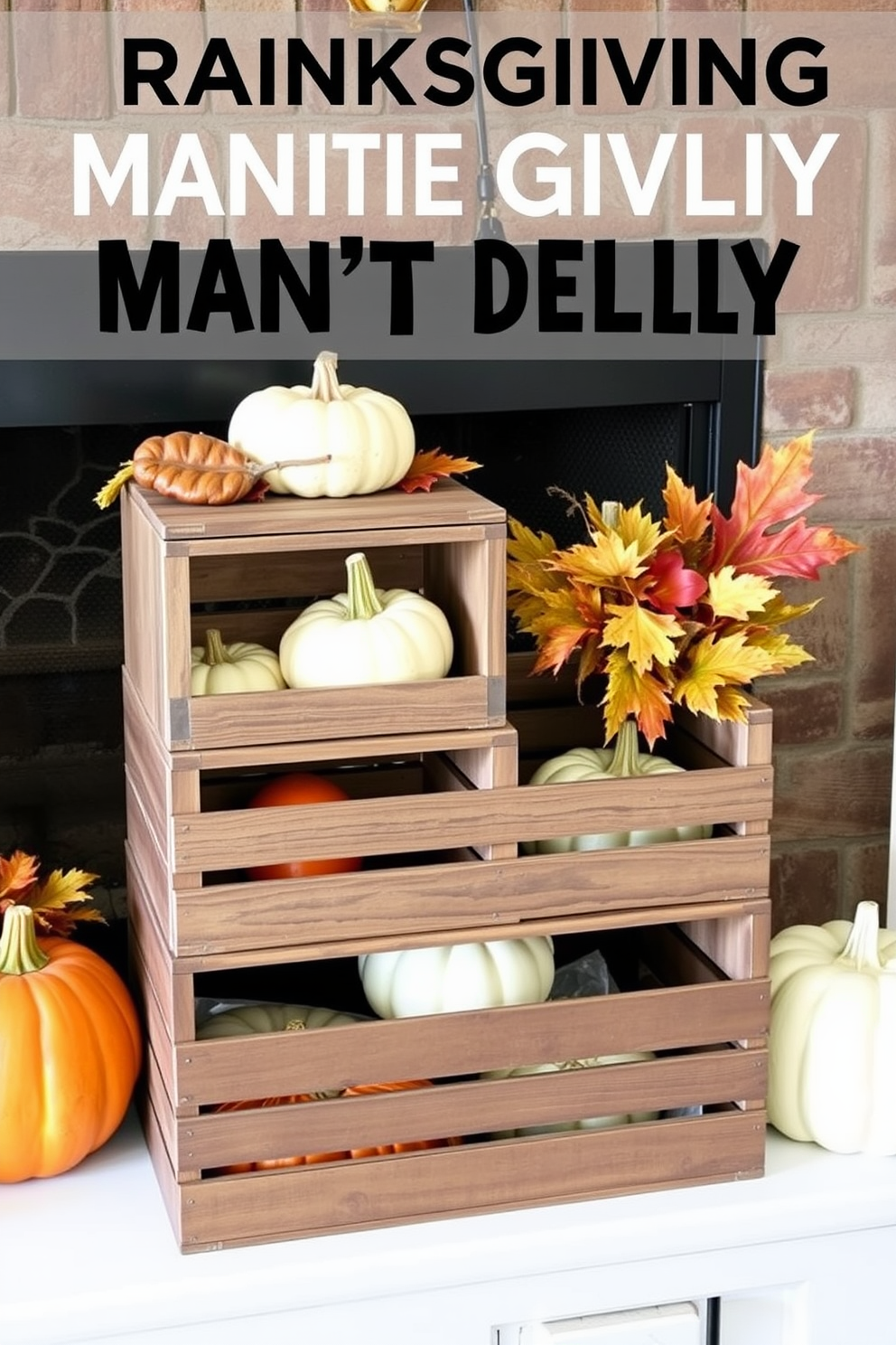 Create a warm and inviting Thanksgiving mantel display featuring wooden crates as decorative elements. Stack the crates in varying sizes and fill them with seasonal items like pumpkins, gourds, and autumn leaves for a cozy, festive atmosphere.