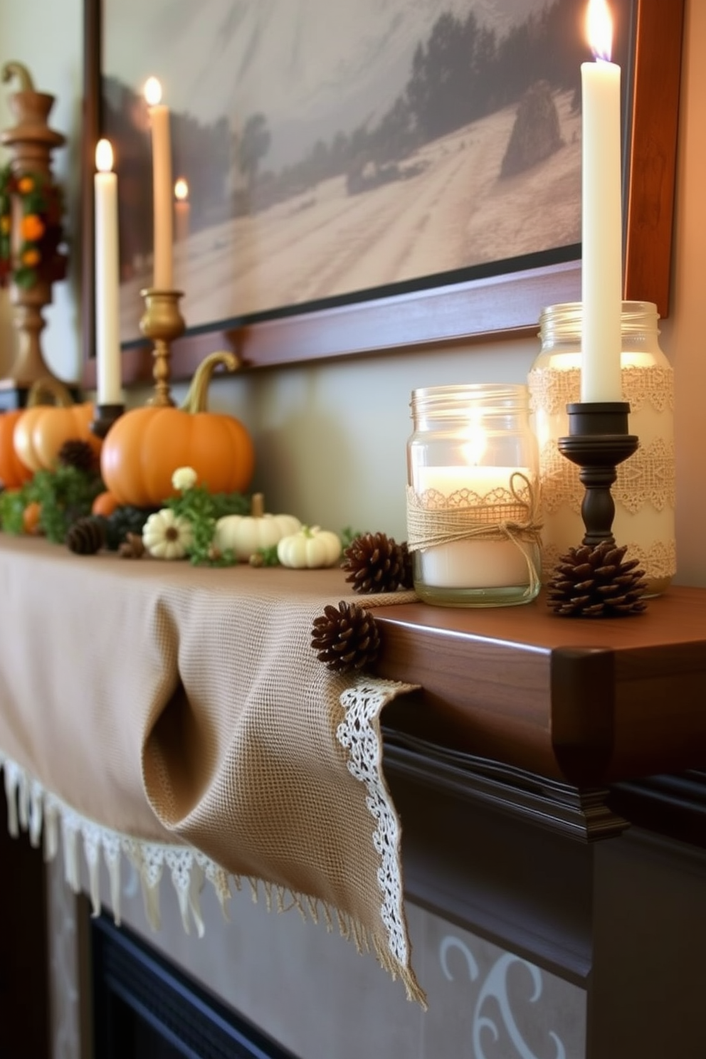 A cozy Thanksgiving mantel adorned with burlap and lace creates a rustic charm. The burlap runner drapes elegantly across the mantel, complemented by delicate lace accents that add a touch of softness. Seasonal decorations such as mini pumpkins and pinecones are scattered along the burlap, enhancing the natural aesthetic. Soft candlelight flickers in mason jars wrapped in lace, creating a warm and inviting atmosphere.