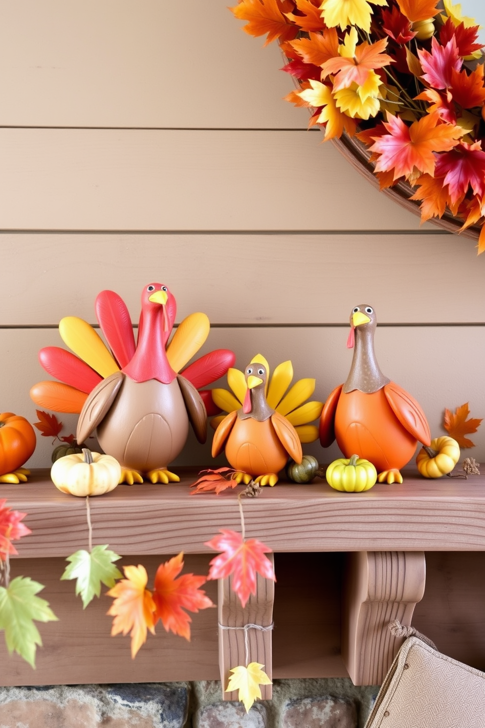 Whimsical turkey figurines in vibrant colors are playfully arranged on a rustic wooden mantel. Surrounding the figurines are autumn leaves and small pumpkins, creating a festive and inviting atmosphere for Thanksgiving.