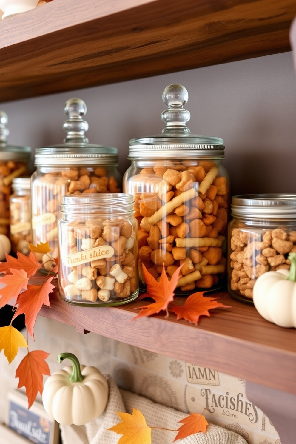 A beautifully arranged Thanksgiving mantel features an array of glass jars filled with seasonal treats like pumpkin spice cookies and caramel corn. The jars are artfully placed on a rustic wooden shelf, surrounded by autumn leaves and small decorative pumpkins for a festive touch.