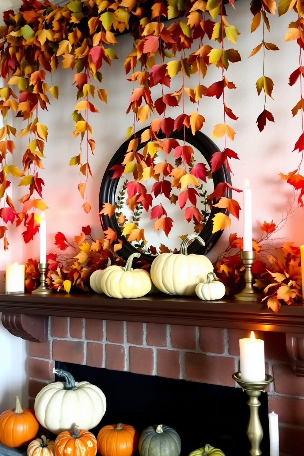 A cozy Thanksgiving mantel adorned with hanging autumn leaves creates a warm and inviting atmosphere. The mantel features a mix of pumpkins in varying sizes, complemented by candles of different heights for a soft glow.