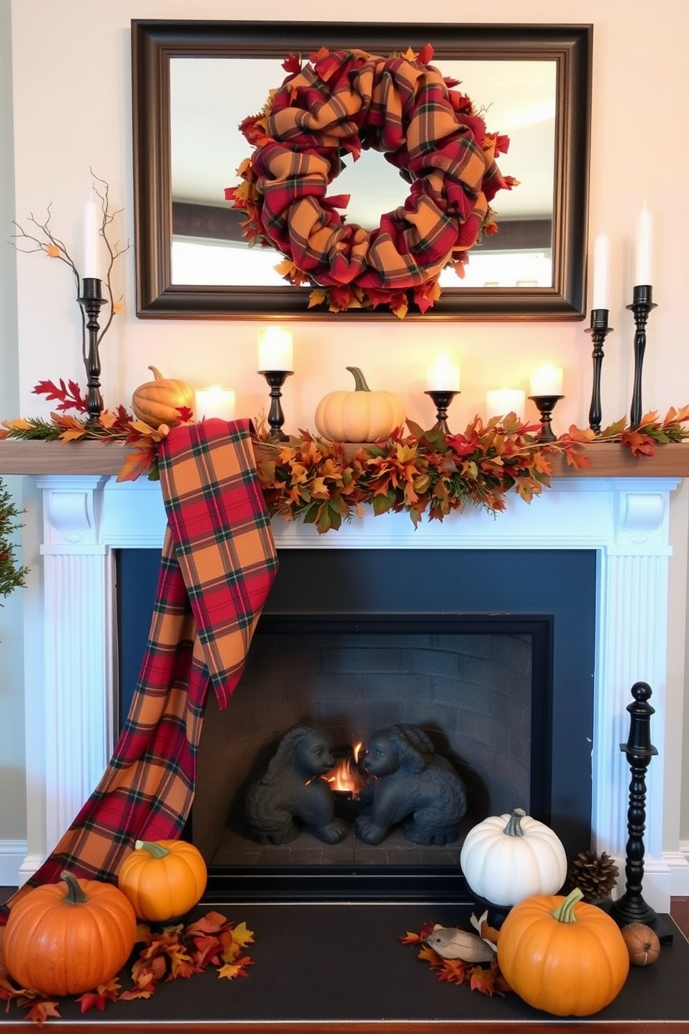 A warm plaid fabric is draped elegantly across a beautifully styled mantel. The mantel is adorned with seasonal decorations, including pumpkins, candles, and autumn leaves, creating a cozy Thanksgiving atmosphere.