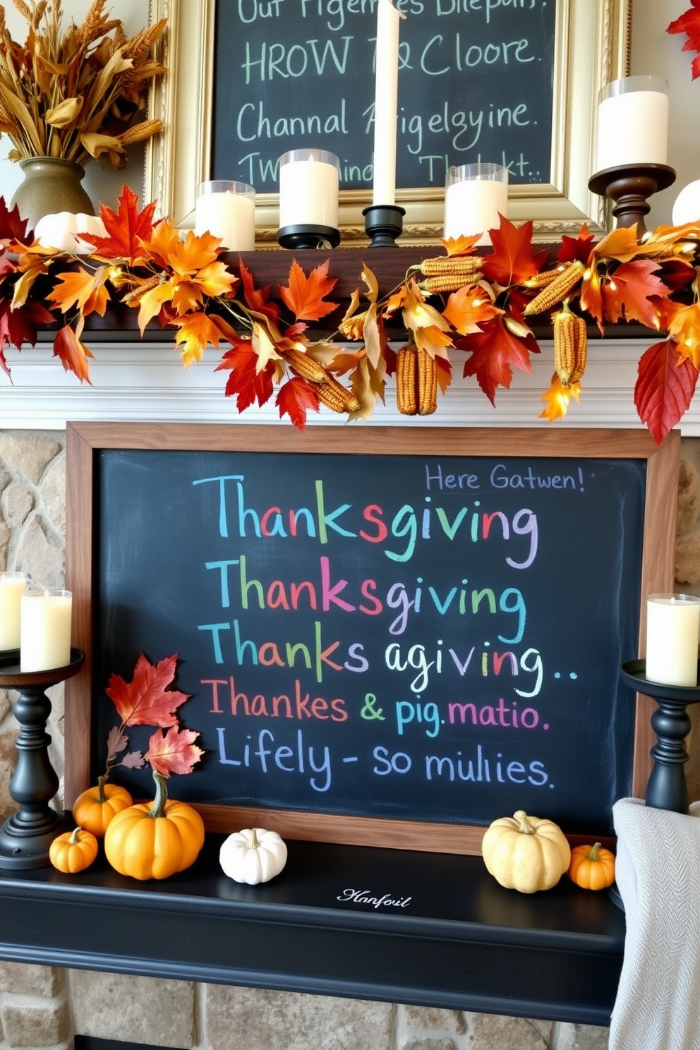 A charming chalkboard displays festive Thanksgiving messages in colorful chalk. Surrounding the chalkboard, autumn leaves and small pumpkins add a seasonal touch. The mantel is adorned with a mix of decorative gourds and candles in varying heights. A garland of dried corn and twinkling fairy lights creates a warm and inviting atmosphere.