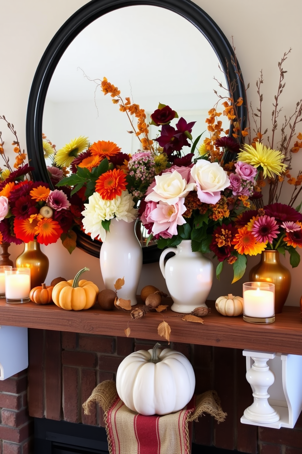 A festive Thanksgiving mantel adorned with colorful fall flowers in various vases. The mantel features a mix of rustic and elegant decor, with pumpkins and candles complementing the vibrant floral arrangements.