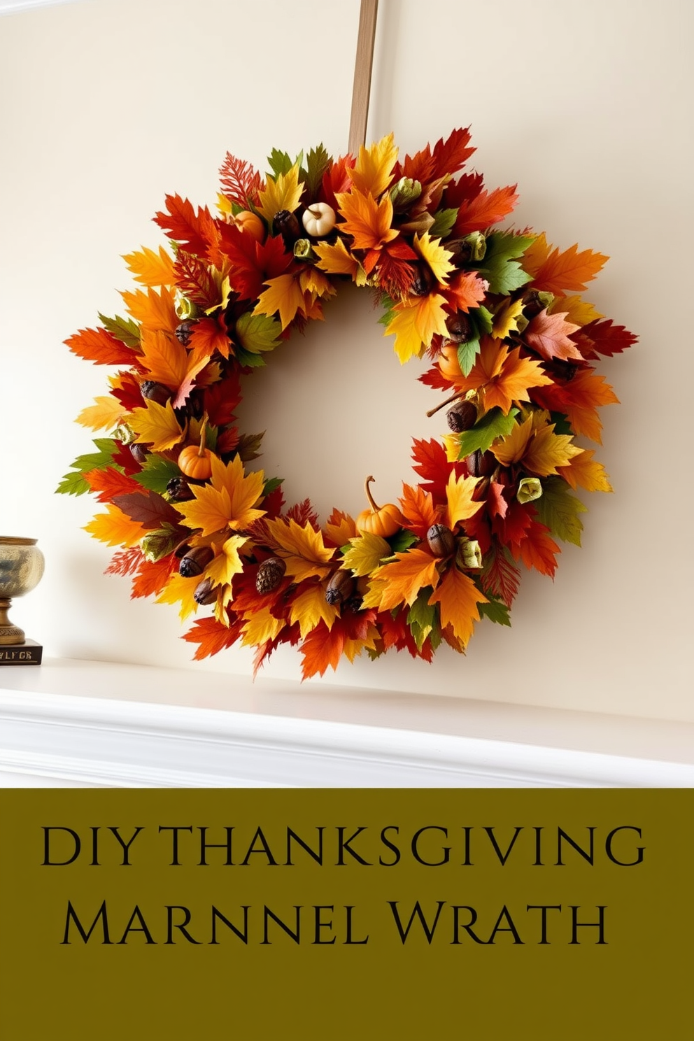 A charming Thanksgiving mantel decorated with a DIY wreath made of vibrant fall foliage. The wreath features an array of colorful leaves, acorns, and small pumpkins, creating a warm and inviting atmosphere.