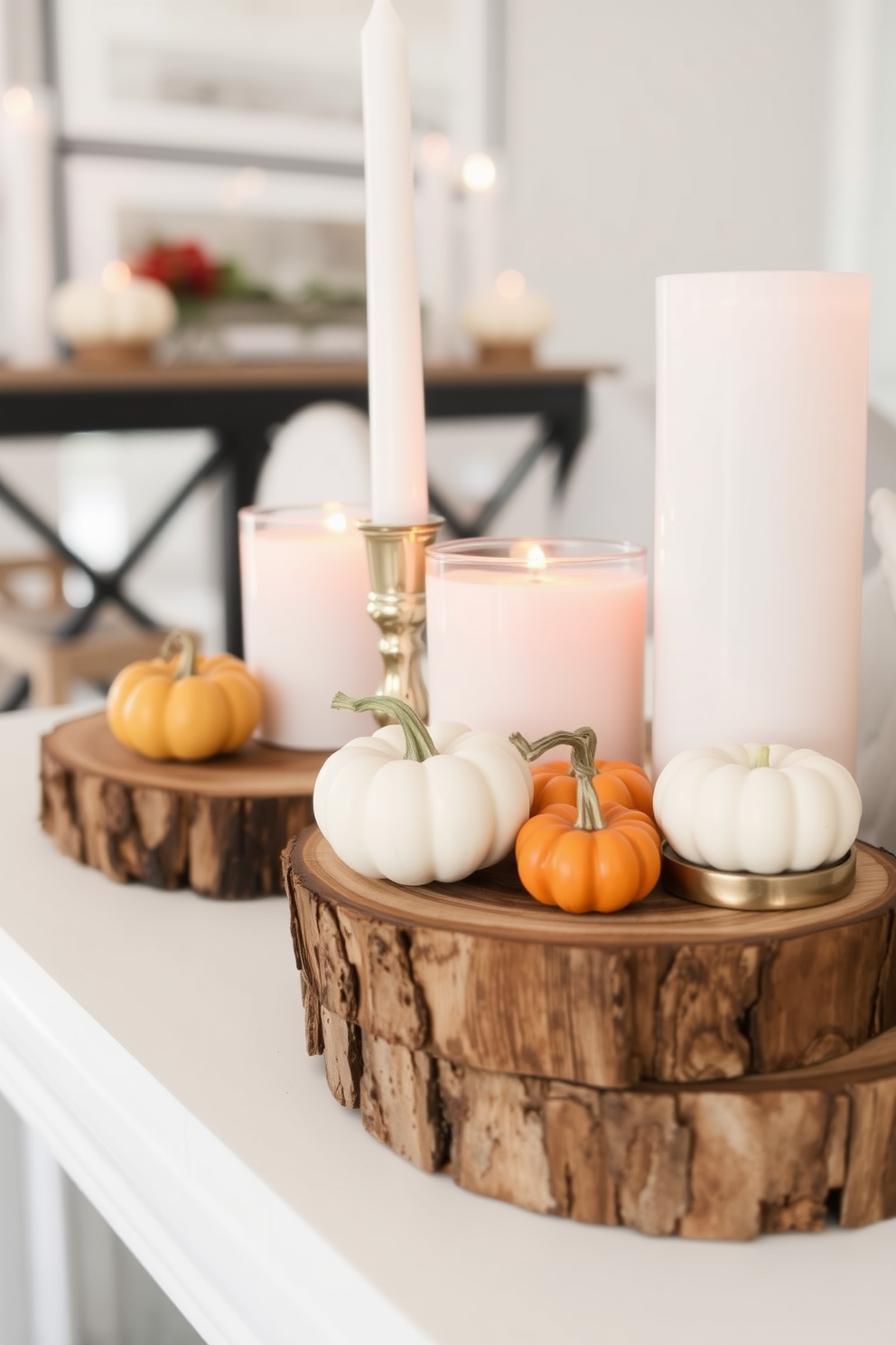 Natural wood slices serve as rustic display bases for an elegant Thanksgiving mantel. Adorn the slices with seasonal decorations like mini pumpkins and candles to create a warm and inviting atmosphere.