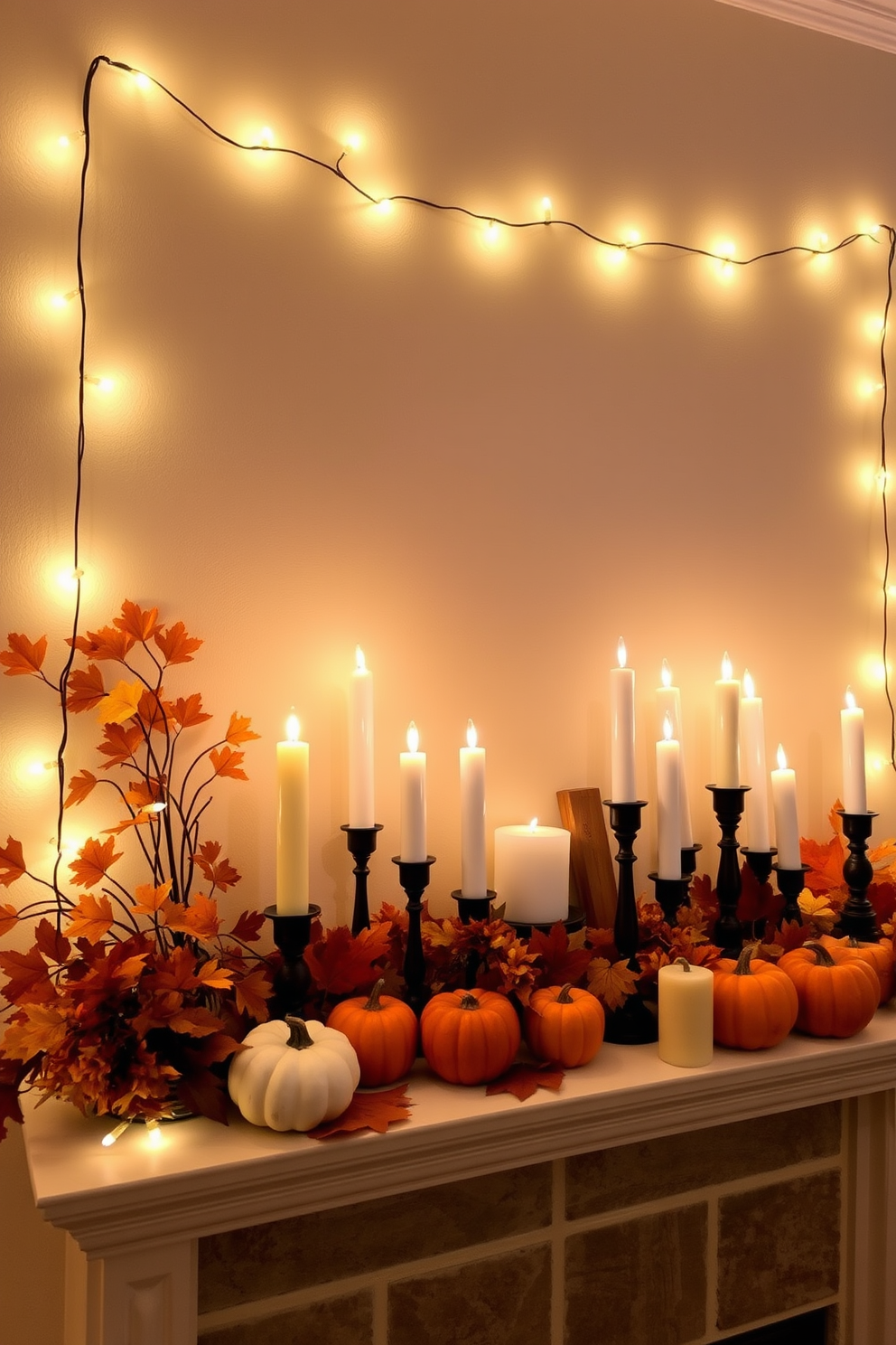 A cozy Thanksgiving mantel adorned with string lights that cast a warm and inviting glow. The mantel is decorated with autumn leaves, small pumpkins, and a collection of candles in varying heights to enhance the festive atmosphere.